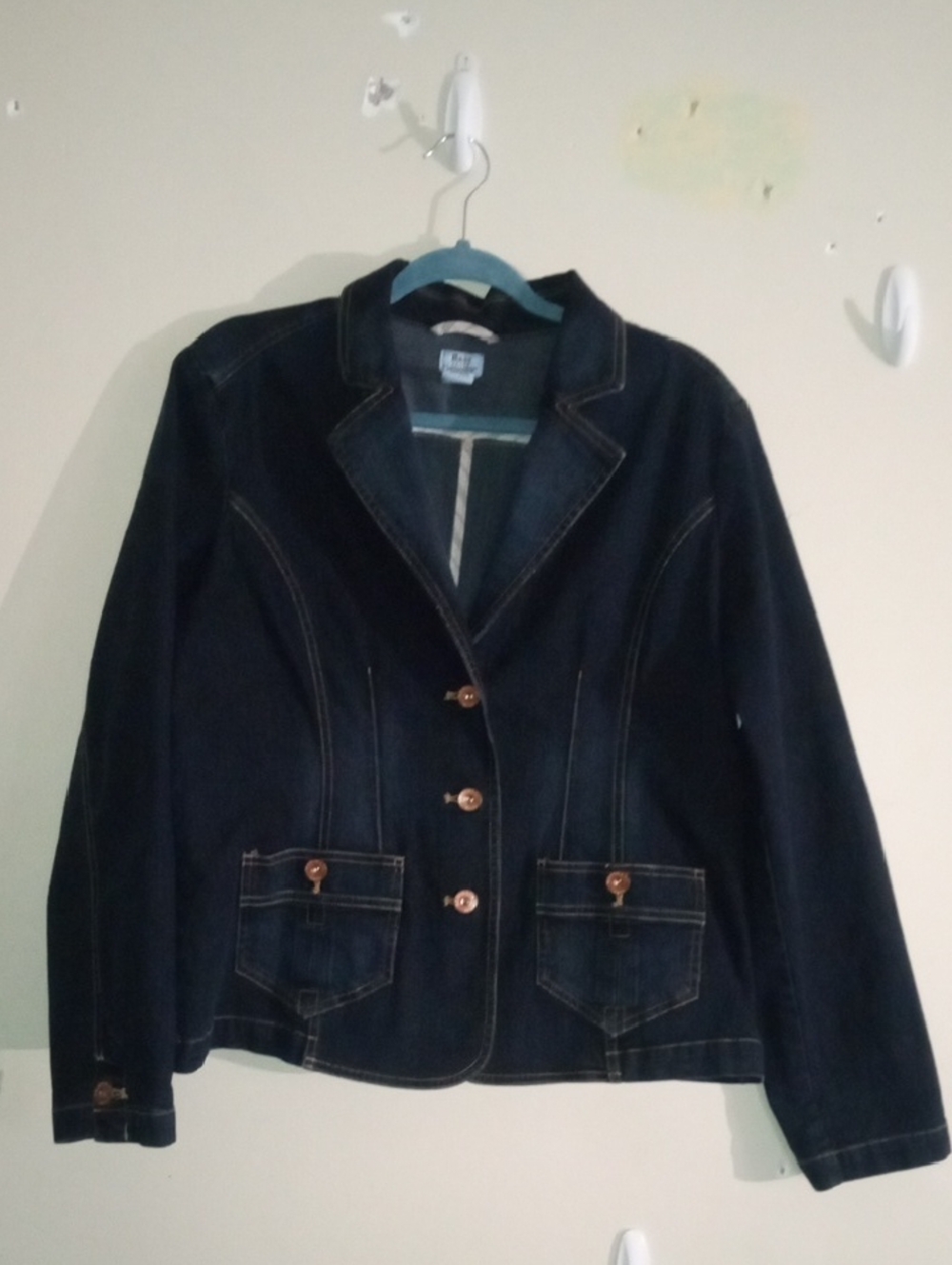 Bass Jeans Dark Wash Denim Jacket Blazer with Button-Flap Pockets Large